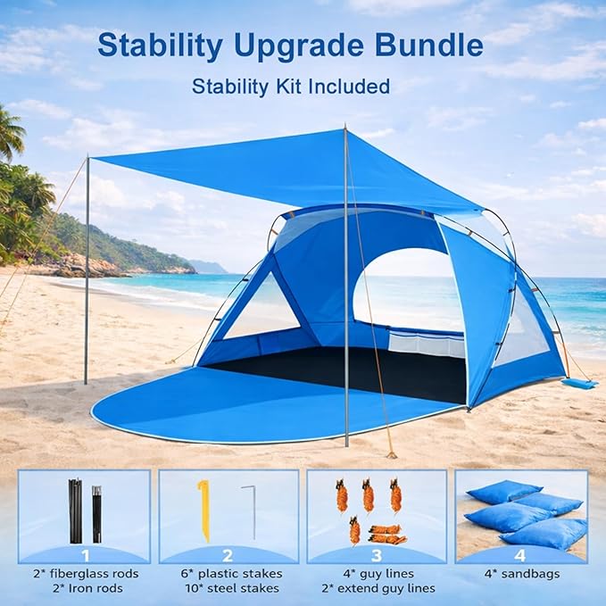 Beach Tent Portable Sun Shelter for 2/3/4/6-8 Person with UPF 50+ UV Protection Easy Setup Waterproof Beach Shade Canopy Cabana for Family Outdoor and Picnics Fishing with Carrying Bag