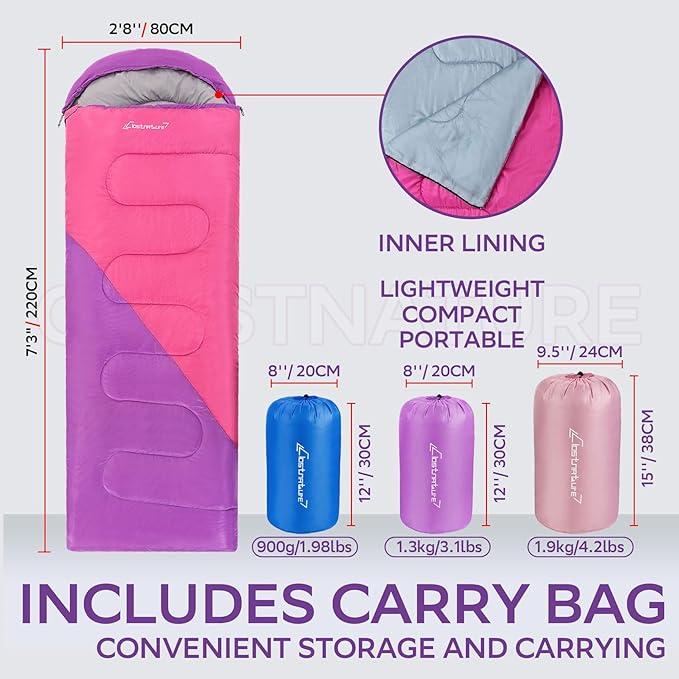 Clostnature Sleeping Bag for Adults and Kids - Lightweight Camping Sleeping Bag for Girls Boys Youths Ultralight Backpacking Sleeping Bag for Cold Weather - Compression Sack Included(Right Zipper)