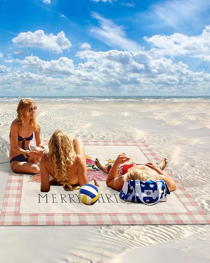 Beach Blanket Waterproof Sandproof Christmas Colorful Xmas Tree Stars Quick Drying Beach Mat with 4 Stakes Pink Plaid Vintage Linen Lightweight Picnic Blanket for Travel Camping Outdoor 95x80