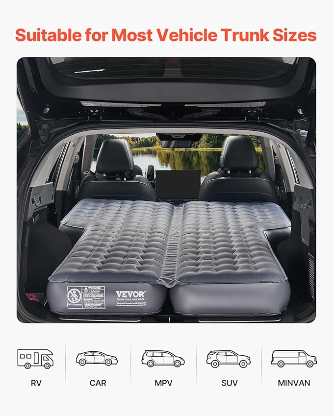 VEVOR Car Air Mattress Inflatable Car Camping Mattress Oxford Thickened Travel Beds Comfortable and Durable Portable Sleeping Pad with Air Pump Nozzle Carry Bag Fits Most SUV MPV Sedan Gray