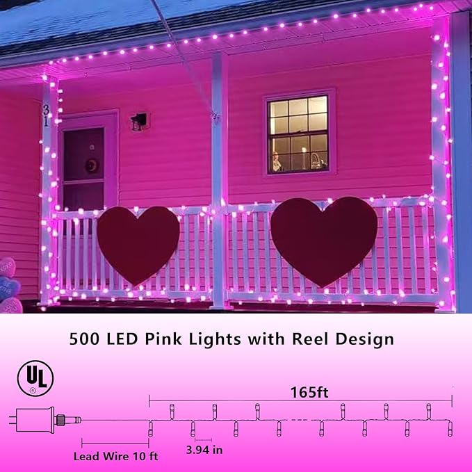 YEGUO Valentine’s Day Pink String Lights Indoor 165ft 500 LED Christmas Lights Outdoor Waterproof 8 Modes Clear Wire Fairy Light Plug in for Party Tree Wedding Xmas