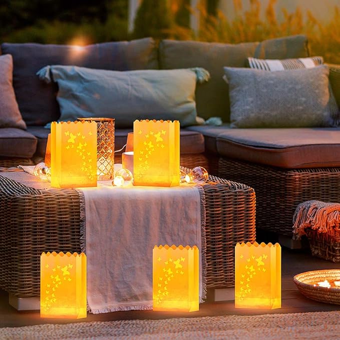 50 PCS Butterfly Luminary Bags &amp 50 PCS Battery Tea Lights White Luminary Bags with Flameless Candles LED Lamp Holiday Gift Flameless LED Tealight for Outdoor Christmas Thanksgiving Decorations