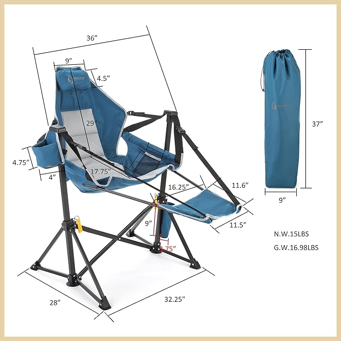 Arrowhead Outdoor Folding Hammock Camp Chair with Detachable Footrest Stabilized Feet Padded Headrest and Seat Large Cup Holders 300 LBS Weight Capacity for Camping Beach Tailgating