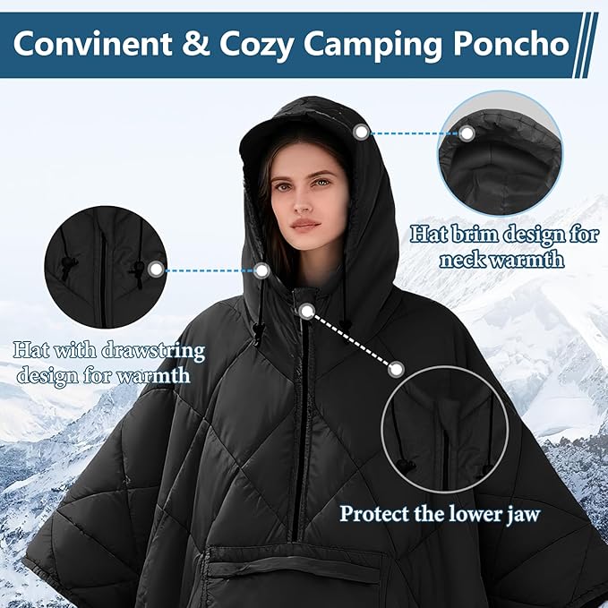 Camping Outdoor Blanket Ultralight Down Alternative Printed Travel Camp Blankets for Sleeping Packable Waterproof Puffy Quilt for Hammock Picnic Stadium Beach Cold Weather (Black Blanket Poncho)
