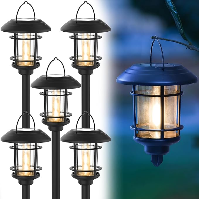 Dynaming 6 Pack Dual Use Solar Path Lights Outdoor Hanging Lantern Solar Garden Lights with Edison Bulb Landscape Lighting Waterproof &amp Auto On/Off for Patio Pathway Walkway Driveway Warm Whit