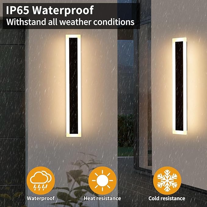 Upgrade Widened 2 Pack Modern LED Wall Sconce 23.6inch Outdoor Wall Lights 3000K Warm White 24W IP65 Waterproof Black Long Linear Wall Mount Lighting Outside Exterior Light for Garage Patio