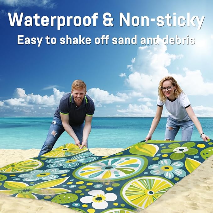 Waterproof Sandproof Beach Blanket 59''×68'' Fruit Lemon Polyester Outdoor Picnic Blanket with 4 Stakes &amp Storage Bag for BeachCampingVacation Yellow-Green