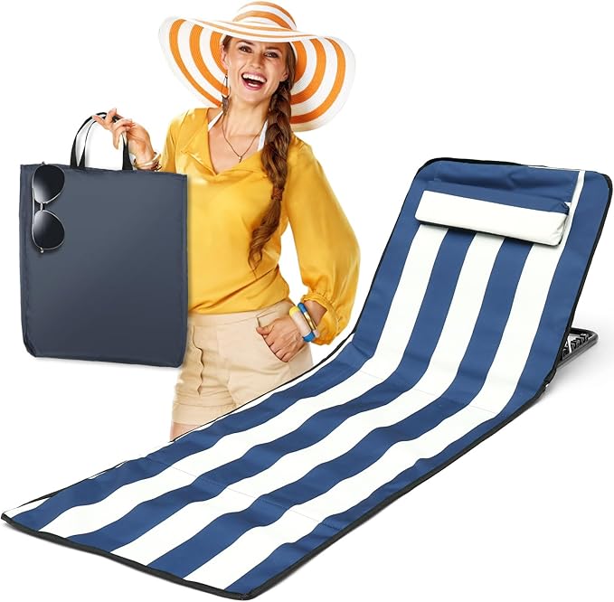 Portable Beach Mat Lounge Chair and Tote Recliner Beach Mat Oxford Cloth Sun Chair Adjustable Tilt Angle Folding Tanning Waterproof with Pocket for Holidays Garden Camping Park