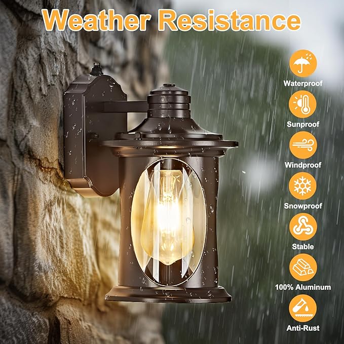 OKELI Dusk to Dawn Outdoor Lighting Porch Wall Light Fixture with E26 Waterproof Rust Resistant Exterior Lantern Lights Wall Mounted Outside Lamp for Porch Garage House(Brown)
