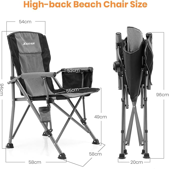 XGEAR Camping Chair with Padded Hard Armrest Sturdy Folding Camp Chair with Cup Holder Storage Pockets Carry Bag Included Support to 400 lbs