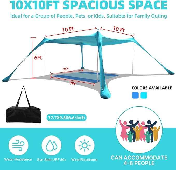 Beach Tent Sun Shelter UPF50+ 10x10 FT Family Beach Shade Canopy with 4 Aluminum Poles Beach Blanket Carrying Bag and Sand Shovel Outdoor Pop Up Tent for Beach Camping Trips
