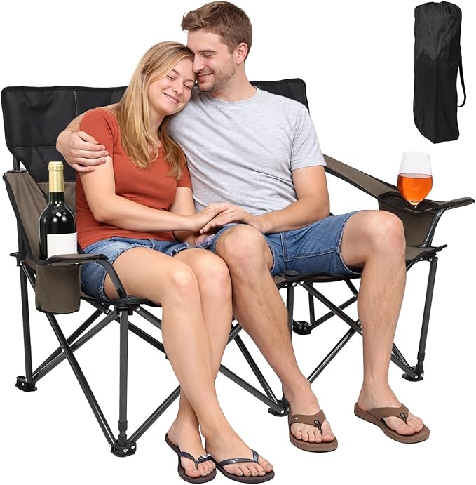 Double Folding Loveseat Camp Chair for Adults - 46.5 in Low-Profile Outdoor Camping Couch with Cup Holders Two People Heavy Duty Folding Couch Portable Loveseat for Camping Patio Lawn and Picnic