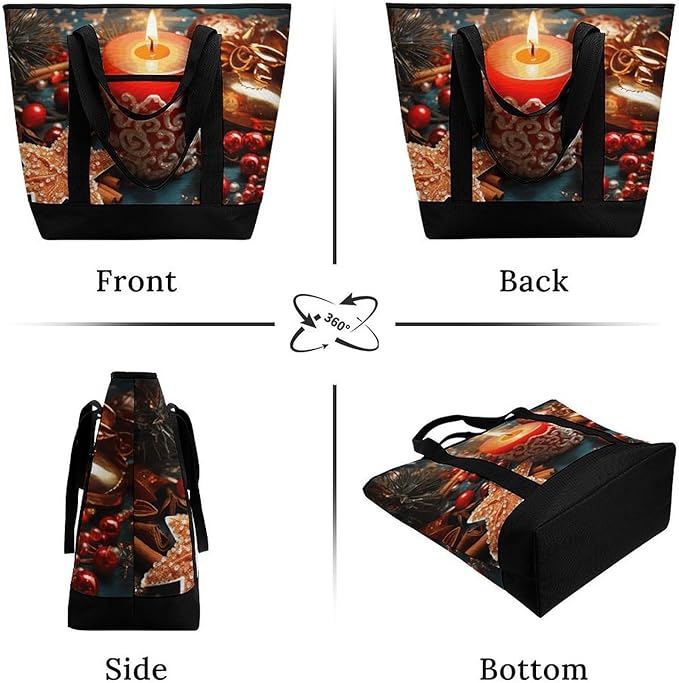 Insulated Shopping BagLarge Reusable Cooler Bags Christmas Candle Printed Foldable Shopping BagTravel Waterproof Shoulder Bag