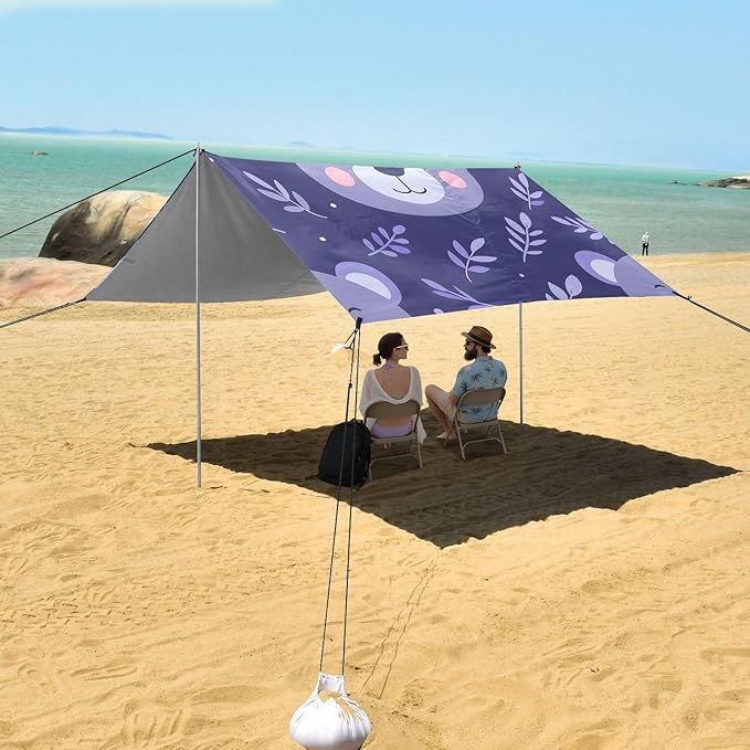 Cute Cartoon Bear Face Leaf Camping Sun Shelter Beach Tent Portable Beach Sun Shade Outdoor Canopy for Camping Trips Fishing Picnic