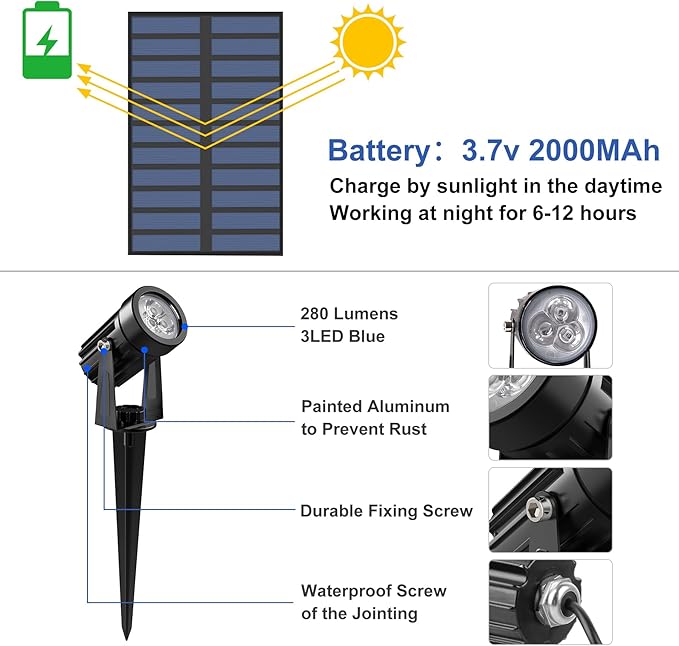 Blue Solar Spot Lights Outdoor2 Pack Solar Landscape Spotlights IP65 Waterproof 9.8ft Cable Auto On/Off Outdoor Wall Lights for Garden Yard Driveway Porch Walkway Pool (1-in-1)