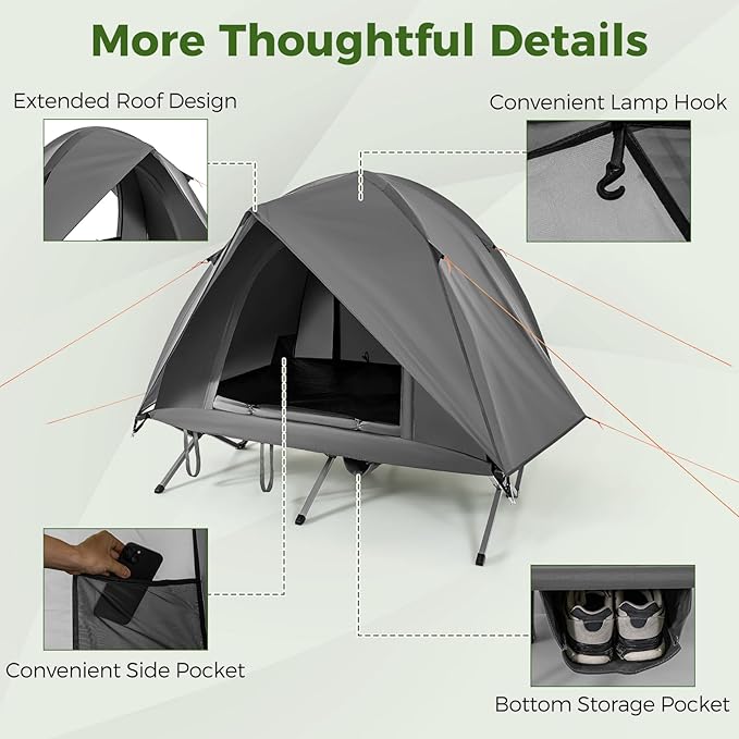 Tangkula 2 Person Tent Cot Portable Off Ground Elevated Camping Tent with Cot Removable Rainfly Wheeled Bag Stakes &amp Wind Ropes for Beach Picnic Hiking Travel