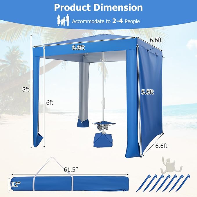Tangkula 6.6x6.6 Ft Beach Cabana Portable Beach Canopy with Detachable Sidewall 5 Sandbags 2 Cup Holders Sand Anchor UPF 50+ Sun-Protection Outdoor Beach Umbrella Shelter with Carrying Bag