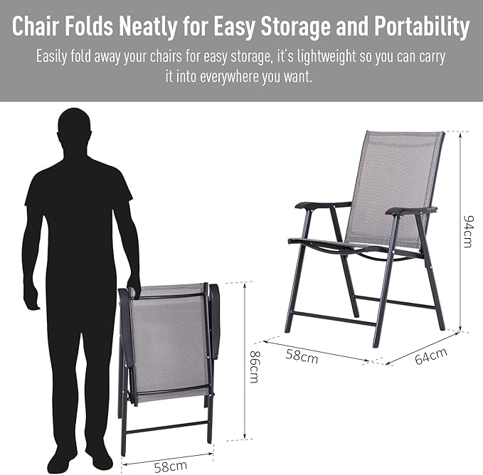 Set of 2 Patio Folding Chairs Stackable Outdoor Sling Patio Dining Chairs with Armrests for Lawn Camping Dining Beach Metal Frame No Assembly Gray