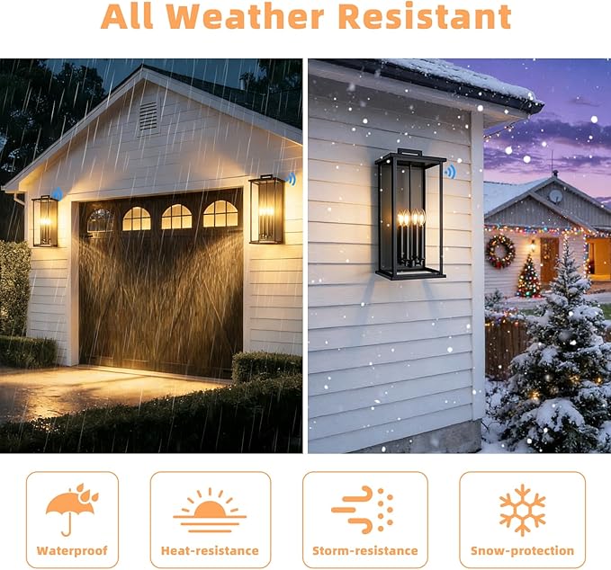 Dusk To Dawn Extra Large Outdoor Wall Lantern-4 LightOutdoor Wall Light Fixtures For Patio PorchBlack Exterior Wall SconceWaterproof Outside Garage LightsE12 Base1 Pack24H*10.2L*9.8W