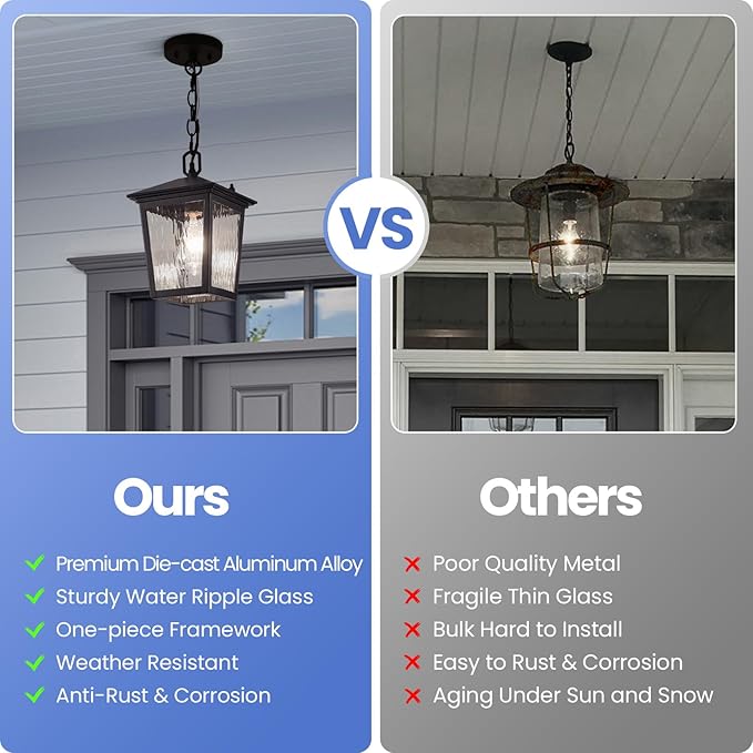 Outdoor Pendant Light Black Outdoor Porch Light fixtures with Anti-Rust Exterior Hanging Lantern Height Adjustable Outside Chandelier with Water Glass for House Patio Garage