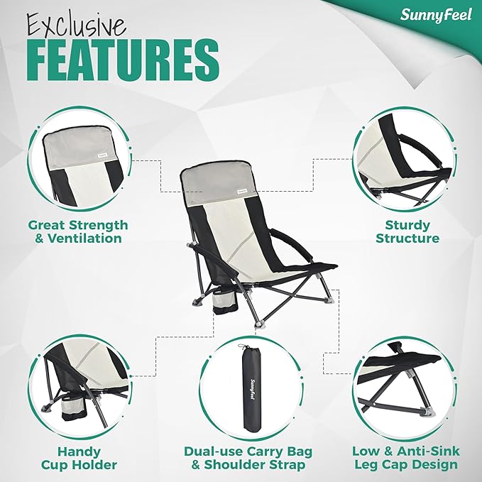 SUNNYFEEL Low Folding Beach Chair for Adults Portable Lightweight Sling Beach Camping Chairs with Cup Holder ArmrestFoldable Camp Lawn Chair for Outdoor Sand Concert Travel Sport Events300LBS