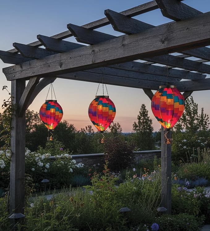 Regal Art &amp Gift Hot Air Balloon Solar Lantern – Hanging Solar-Powered LED Lights Waterproof Portable Decorative Outdoor Lamp Made of Metal &amp Glass for Garden Patios &amp Pathway – Stripe(X