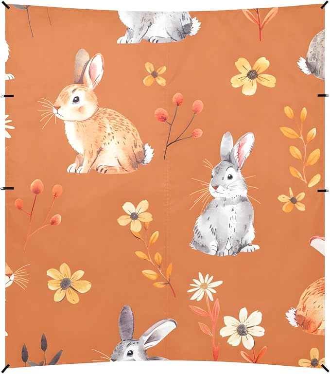 Bunny Rabbit Cartoons and Cute Flower on Orange Background Camping Sun Shelter Beach Tent Portable Beach Sun Shade Outdoor Canopy for Camping Trips Fishing Picnic