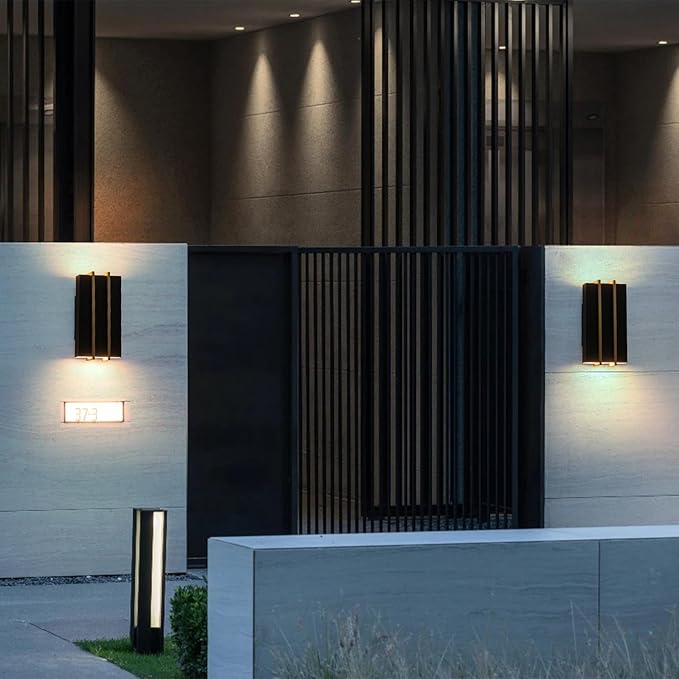 Upgraded Modern Outdoor Wall Light Fixture 10.8 Up and Down Outdoor Sconce Lights 15W 3CCT 3000K/4000K/5000K IP54 Waterproof Exterior Wall Sconce Black Metal Frame with Brass Accents