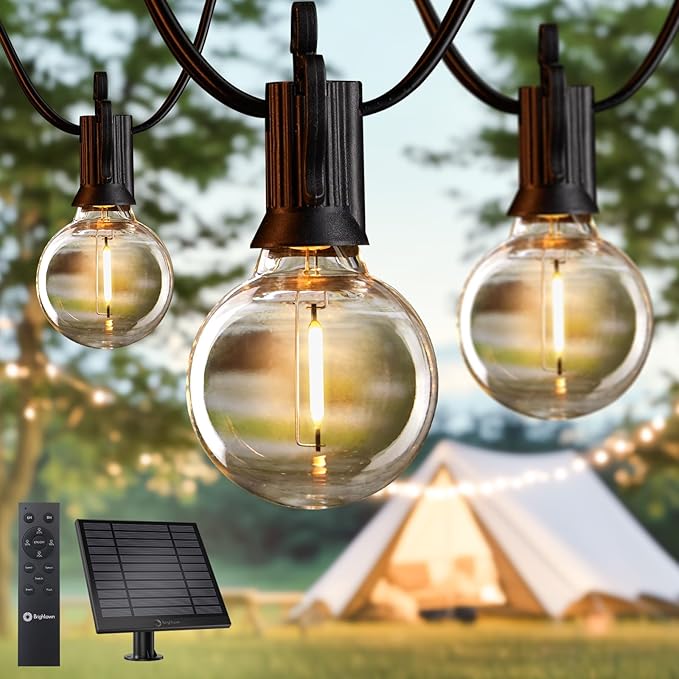 Brightown 75FT Solar String Lights Outdoor Waterproof with Remote Solar Patio Lights with 35 Shatterproof LED Bulbs 3 Light Mode Dimmable &amp Timer Hanging String Lights for Porch Garden Bistro