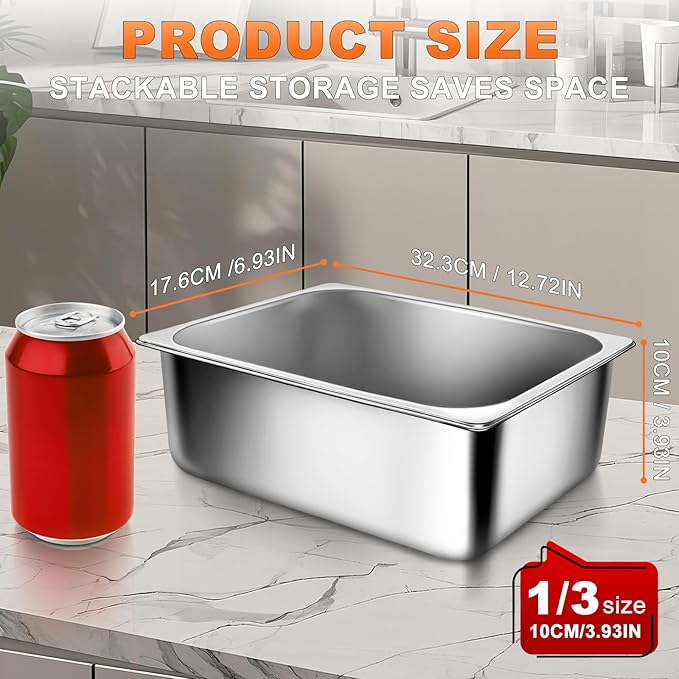 1/3 Size 4 Inch 304 Stainless Steel Hotel Pans: 6 Pack [2X Thicker] [Dishwasher Safe] 100% Food-SafeSteam Table Pan for Restaurants Catering and Parties