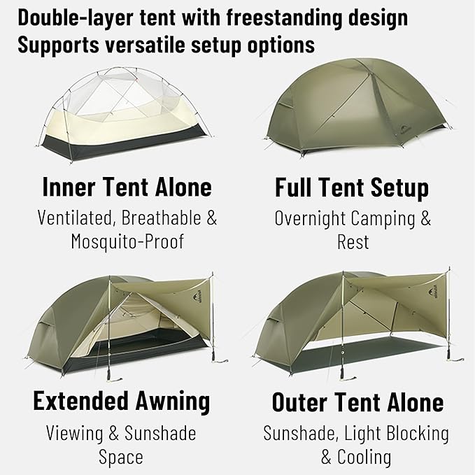 Naturehike 2025 Mongar Pro/Base Camping Tent 1-3 Person Ultralight Backpacking Tent 20D Nylon 3 Season Waterproof Mongar 2 Person Hiking Tent for Backpacker Trip Solo Camping