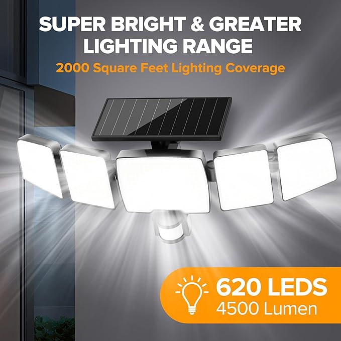 UME Solar Outdoor Lights 620 LED 4500LM IP65 Waterproof Motion Sensor Outdoor Lights 5 Heads Solar Security Flood Light 270 Wide Lighting Angle with 3 Modes for Garden Patio Yard - 2 Pack