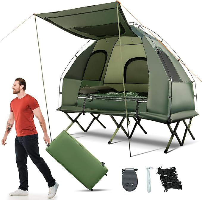 Tangkula 5-in-1 Tent Cot Combo With Awning Air Mattress Sleeping Bag Pillow Elevated Single Tent With Carrying Bag for Outdoor Camping Hiking Picnic Travel
