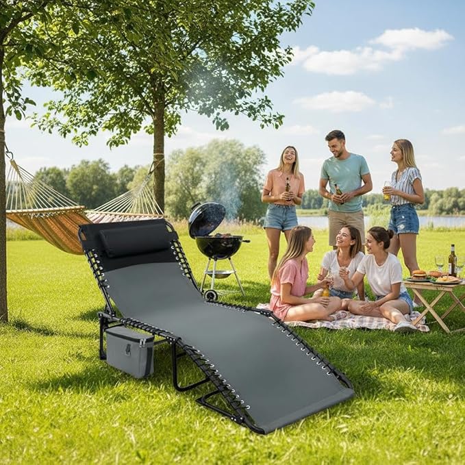 Outdoor Chaise Lounge Chair Folding Tanning Chair with 5-Position Adjustable Backrest Portable Sun Lounger with Carry Handle Side Pocket and Removable Pillow for Beach Pool Patio Camping Gray