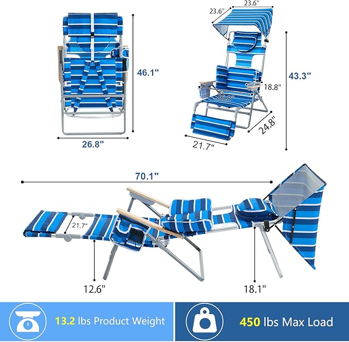 70'' Extra Long Beach Lounge Chair Tanning Chair with Canopy &amp Face Holes &amp Arm Holes &amp Storage Pocket Foldable Recliner with Carry Strap (1 Navy Stripe)