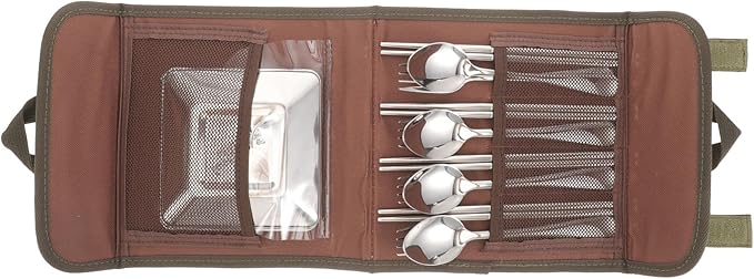 Toyvian Outdoor Cutlery Set Stainless Steel Picnic Tableware 4-person Camping Flatware Kit with Spoon Chopsticks Fork Portable for Barbecue and Outdoor Dining Random Color