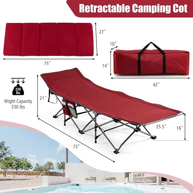Goplus Camping Cot Folding Camping Cot with Mattress Pillow Carry Bag Storage Pocket Camping Bed Military Cot for Home Office Nap Hiking Heavy-Duty Portable Sleeping Cot for Adults Kids (Wine)