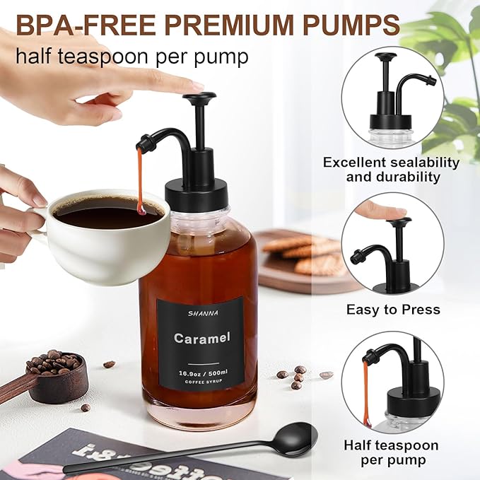Coffee Syrup Dispenser for Coffee Bar 16.9oz 500ml Glass Syrup Dispenser w Black Coffee Scoop Coffee Syrup Pump Dispenser w 36 Labels and Bamboo Tray Coffee Syrup Bottles with Black Pump 3PCS