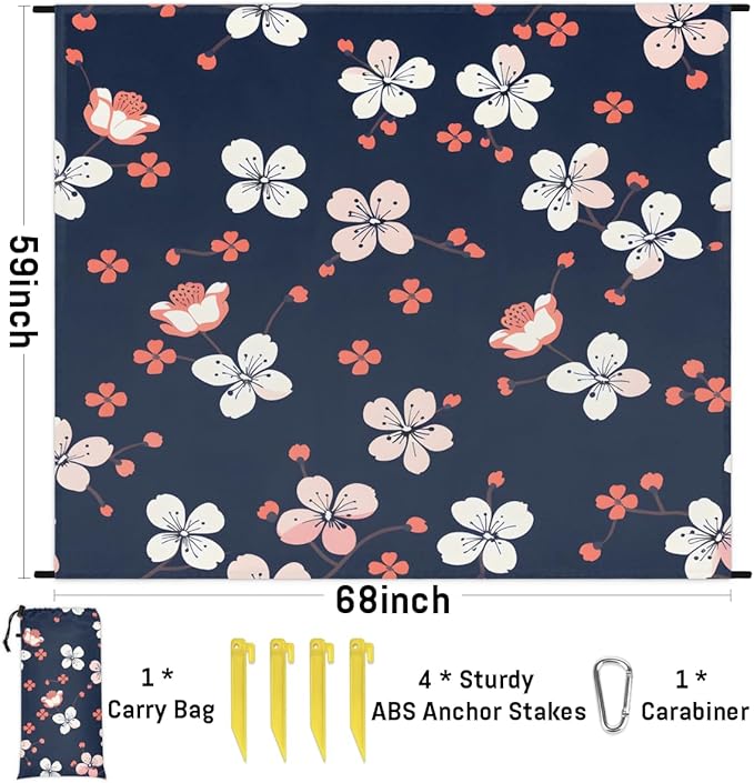 Waterproof Sandproof Beach Blanket 59''×68'' Flower Polyester Outdoor Picnic Blanket with 4 Stakes &amp Storage Bag for BeachCampingVacation Blue Background