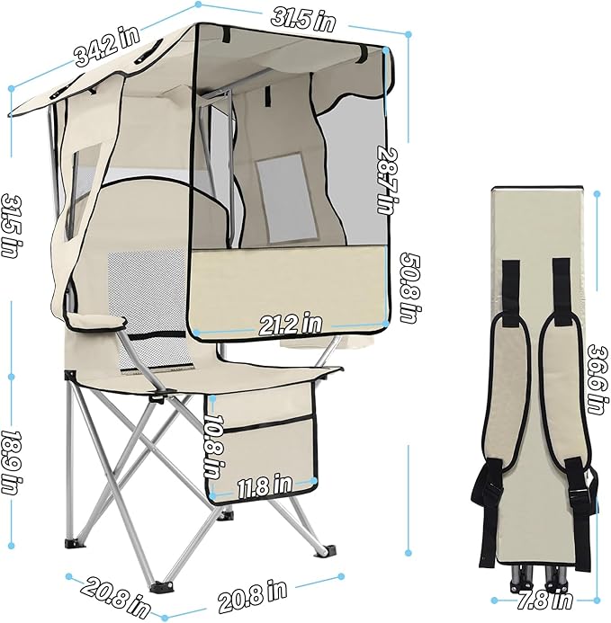 ptlsy Folding Camping Chair with Canopy Beach Chair with Canopy Shade with Cup Holders Cooler Bag for Camping Fishing Beach Sports and Concert (White)