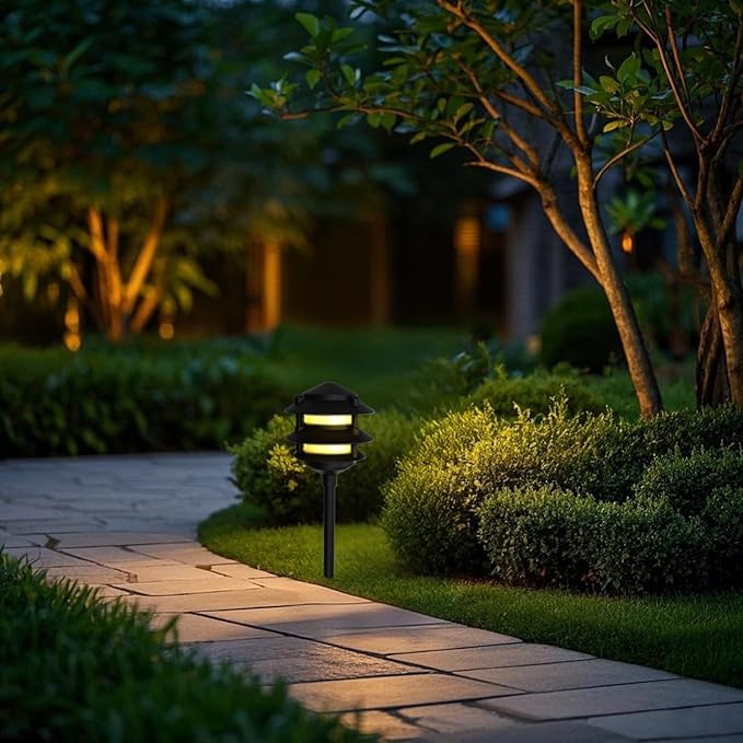 Lumina Lighting® Low Voltage Landscape Lighting Cast-Aluminum Pagoda Path and Area Light Warm White 4W G4 LED Bulb and ABS Ground Stake Included for Yard Walkway Lawn PAL0103-BKLED4 (Black4-Pack)