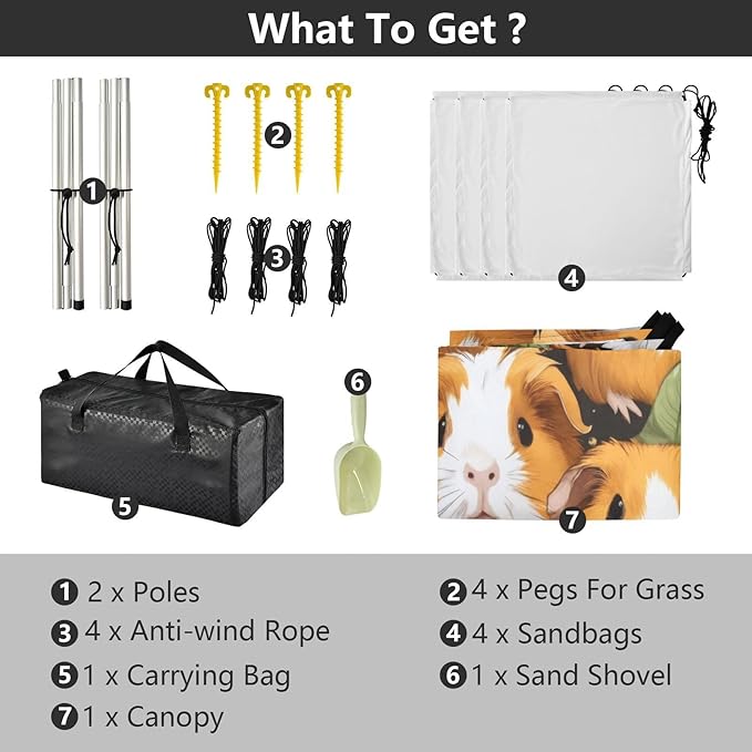 Cute Guinea Pig Beach Tent Sun Shelter 9.2' x 10.5' Beach Canopy with 4 Sandbags 4 Stability Poles Sand Shovels - Tent Canopy for Beach Camping Fishing Picnics