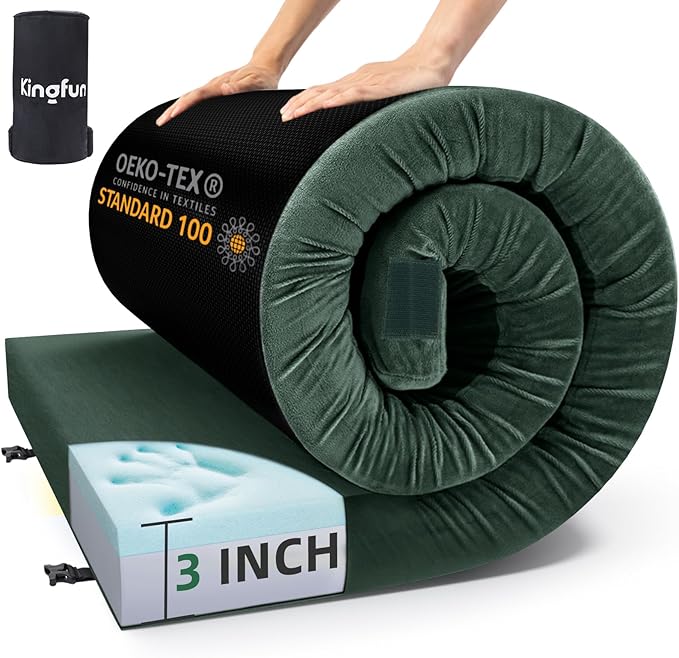 Kingfun 3 Inch CertiPUR-US Memory Foam Camping Mattress Waterproof Roll up Sleeping Pad Thick Floor Sleeping Mats for Tent with Removable Travel Bag