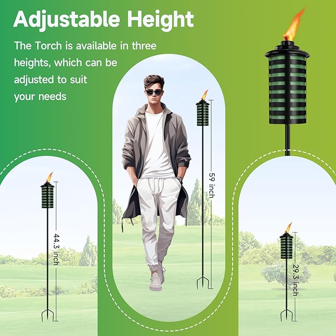6 Pack Home Garden Torch 16 Oz Outdoor Green Metal Torch Garden Décor59-Inch Upgraded Citronella Torches with 3-Prong Grounded Stake Metal Light Torches for Party Patio Pathway