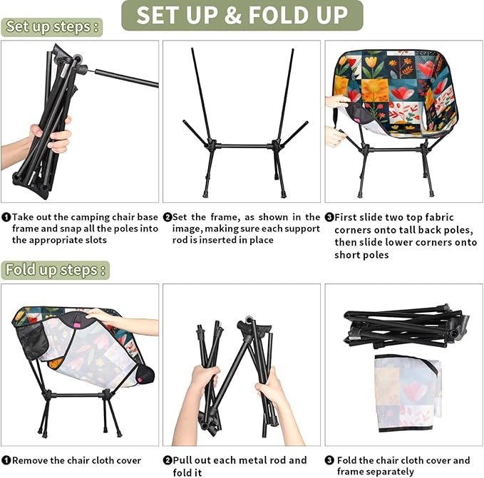 Honeybaby Folding Camping Chair Flowers Floral Plaids Camping Chairs Lightweight Portable Chair Outdoor Foldable Chairs for Camping Travel Picnic Beach Hiking