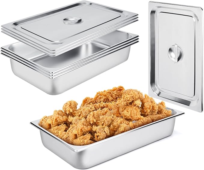 4 Pack Hotel Pans 1/1 Full Size 4’ Deep Steam Table Pan with Lid 21 L x 13 W Commercial Stainless Steel Pan Food Containers Catering Supplies Buffet Display
