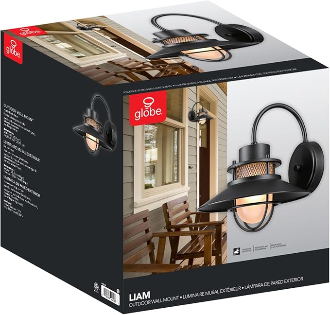 GLOBE Electric 44233 Liam 1-Light Outdoor Wall Sconce Matte Black Frosted White Glass Shade