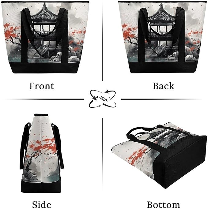 Insulated Shopping BagLarge Reusable Cooler Bags Chinese Ink Painting Printed Foldable Shopping BagTravel Waterproof Shoulder Bag