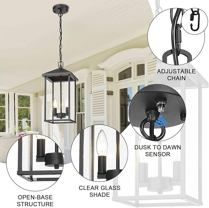 Large Outdoor Pendant Light Matte Black Hanging Light Fixture Ceiling Mount 2-Light Dusk to Dawn Modern Large Outdoor Chandelier with Clear Glass Exterior Pendant Lights for Porch Patio