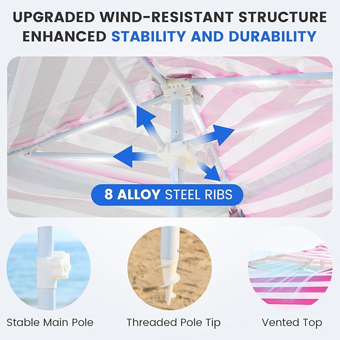 Zeraty Beach Cabana 8'×8' Portable Beach Canopy with Side Wall Easy Pop Up UPF 50+ Silver-Coated Beach Tent Sun Shelter Wind Resistant Adjustable Height Beach Umbrella Tent for Family Pink
